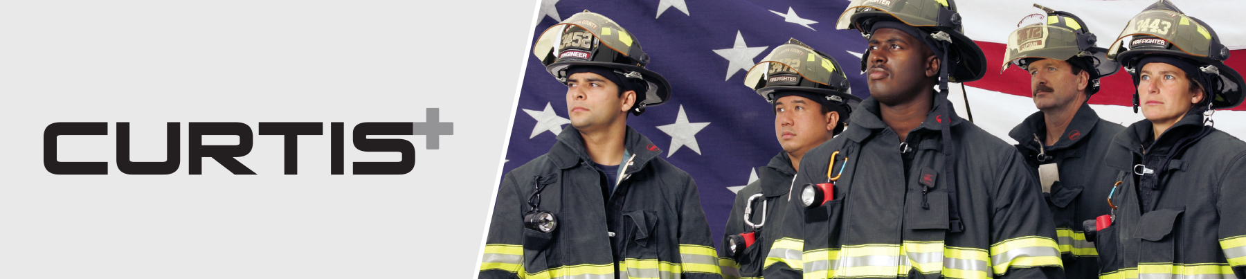 Curtis+ Logo, Lifestyle image of Firefighters standing in front of an American flag