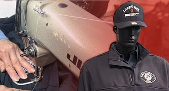 Image of sewing machine with a seamstress attaching a patch to a firefighter uniform. Also a mannequin wearing a custom embroidered hat and job shirt.