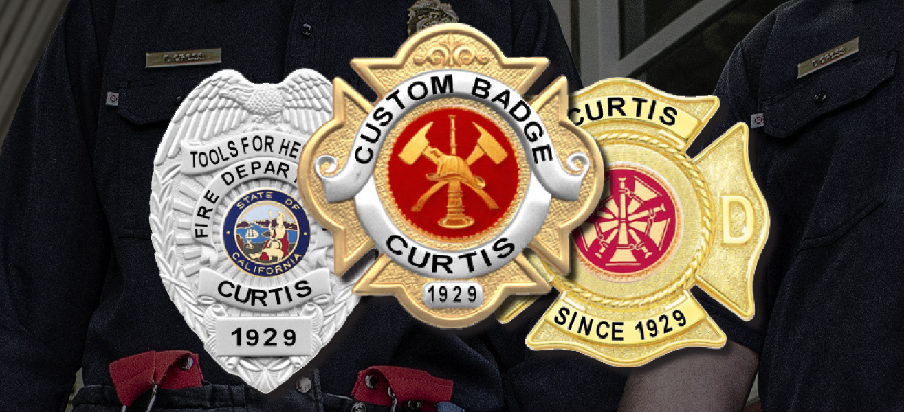 3 custom firefighter badges in different finishes and shapes.