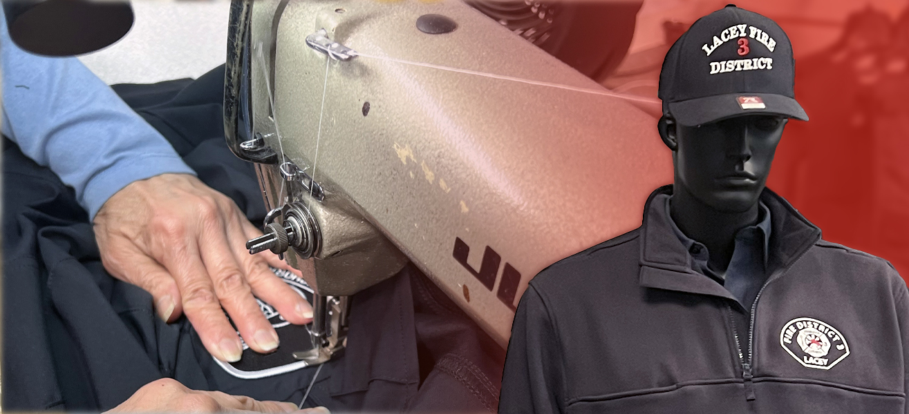 Image of sewing machine with a seamstress attaching a patch to a firefighter uniform. Also a mannequin wearing a custom embroidered hat and job shirt.