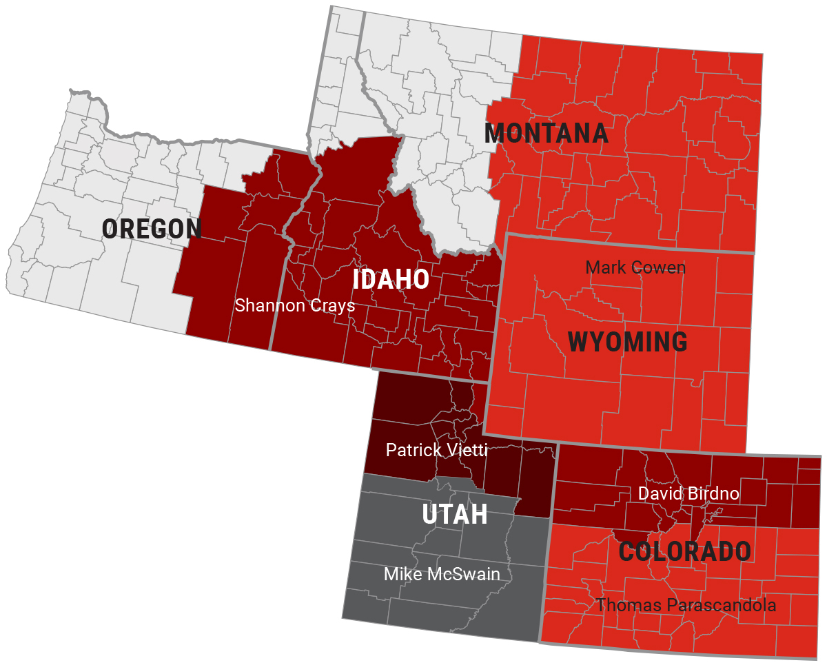 Intermountain - Sales Territory Map highlighting Eastern Oregon, Southern Idaho, Eastern Montana, Wyoming, Utah and Colorado.