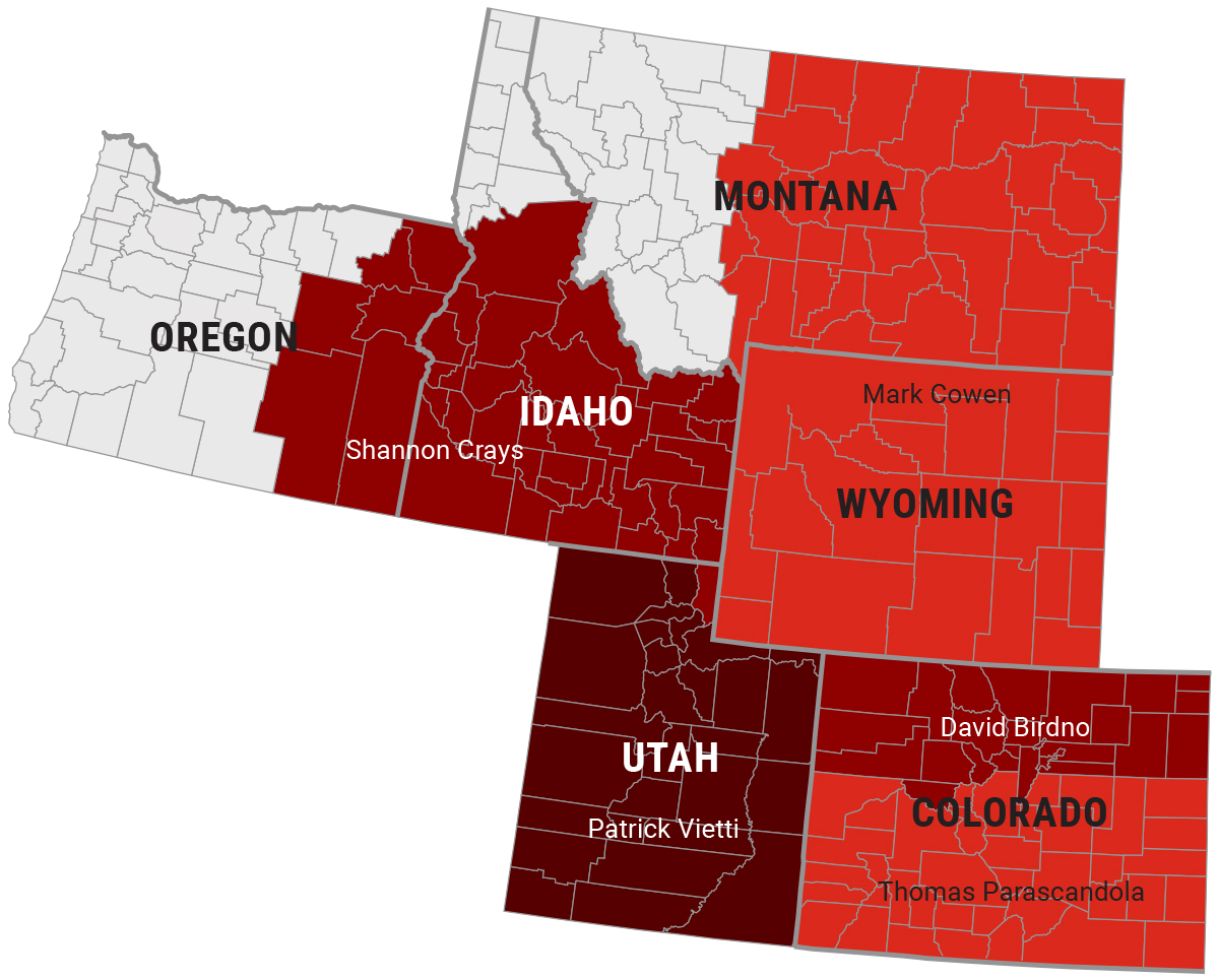 Intermountain - Sales Territory Map highlighting Eastern Oregon, Southern Idaho, Eastern Montana, Wyoming, Utah and Colorado.