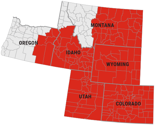 Intermountain - Sales Territory Map highlighting Eastern Oregon, Southern Idaho, Eastern Montana, Wyoming, Utah and Colorado.