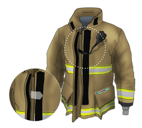 Turnout jacket illustration outlining the mic pass-through feature of the G-XTREME PRO jacket.
