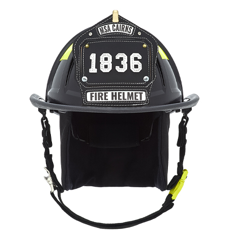 MSA Cairns 1836 Fire Helmet - black, front view.