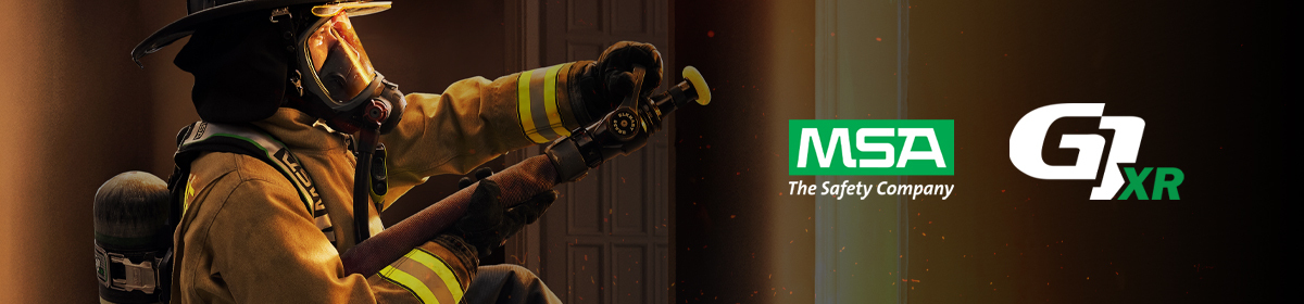 Header image featuring a firefighting fighting a house fire with a MSA G1 SCBA on. MSA logo. G1 XR logo.