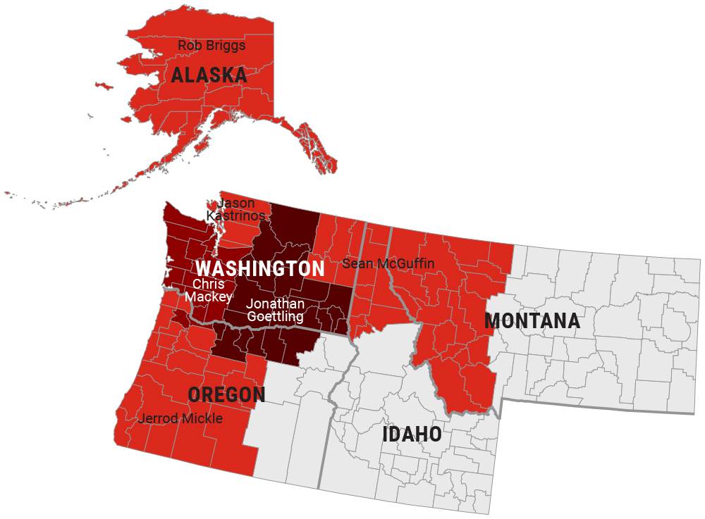 Northwest - Sales Territory Map highlighting Alaska, Washington, Western Oregon, Northern Idaho and Western Montana