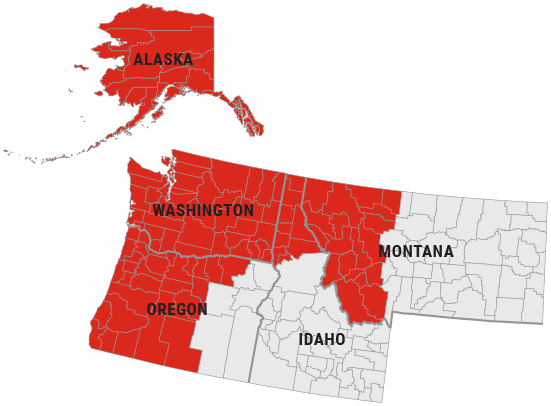 Northwest - Sales Territory Map highlighting Alaska, Washington, Western Oregon, Northern Idaho and Western Montana