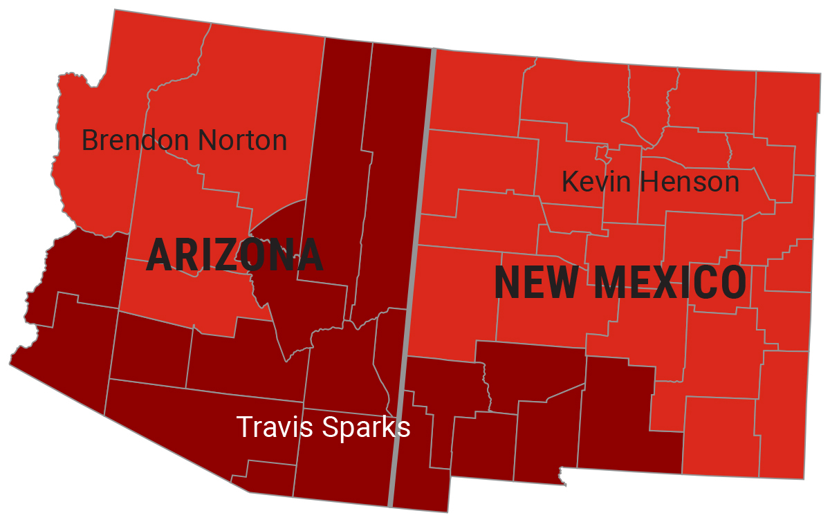 Southwest - Sales Territory Map highlighting Arizona and New Mexico.
