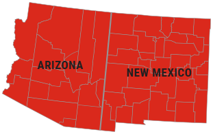Southwest - Sales Territory Map highlighting Arizona and New Mexico.