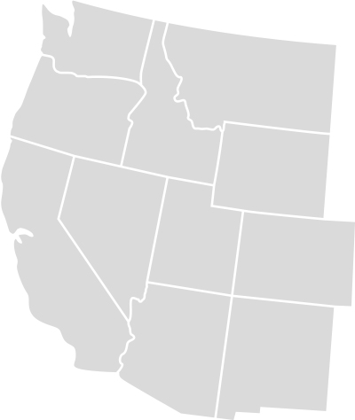 Gray map outlining the 13 western states of the USA