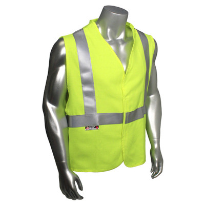 Arc Flame Resistant Lime, Class 2 Sleeveless Vest - Silver Stripes -  Front View in Daylight