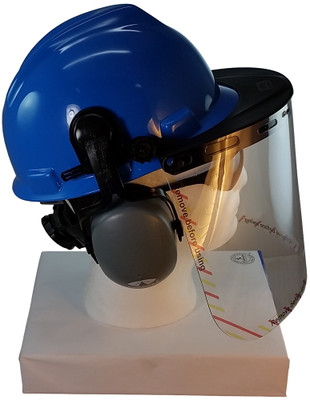 MSA V-Gard Cap Style hard hat with Clear Faceshield, Hard Hat Attachment, and Earmuff - Blue   - Down Position