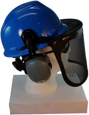 MSA V-Gard Cap Style hard hat with MSA V-Gard Cap Style hard hat with Pyramex Smoke Mesh Faceshield - Blue - Down Position