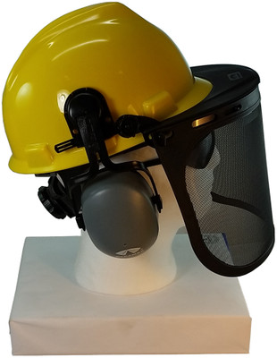MSA V-Gard Cap Style hard hat with Smoke Mesh Faceshield, Hard Hat Attachment, and Earmuff - Yellow  - Down Position
