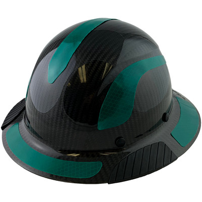 Actual Carbon Fiber Hard Hat - Full Brim Glossy Black with Reflective Green Decal Kit Applied