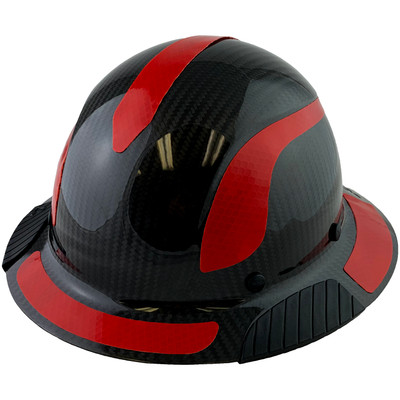 Actual Carbon Fiber Hard Hat - Full Brim Glossy Black with Reflective Red Decal Kit Applied