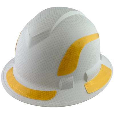 Pyramex Ridgeline Full Brim Style Hard Hat with Matte White Graphite Pattern with Yellow Decals - Oblique View