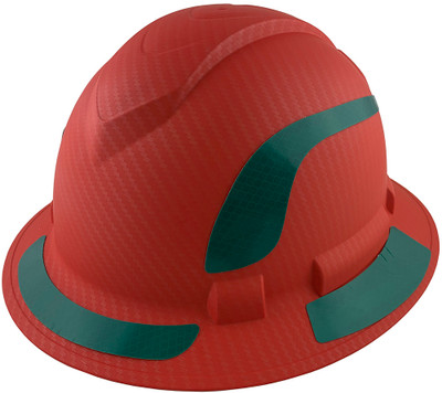 Pyramex Ridgeline Full Brim Style Hard Hat with Red Pattern with Green Decals - Oblique View