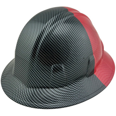 50-50 Black and Red Carbon Fiber Design Full Brim Hydro Dipped Hard Hats with Edge
Left Side Oblique View