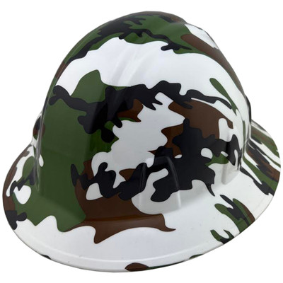 Woodland Camo White Full Brim Hydro Dipped Hard Hats
Left Side Oblique View