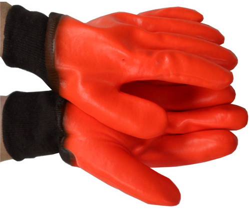 Orange PVC Gloves w/ Foam Lining and knit wrists Pic 1