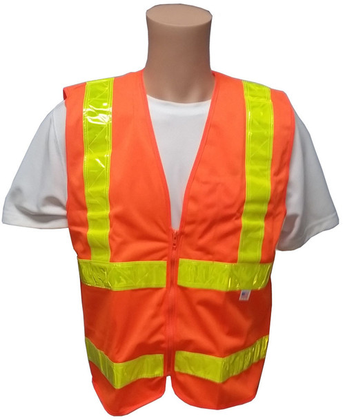 ANSI 2004 Sleeveless Class 2 Double Stripe Orange Safety Vests - Lime Stripes Front