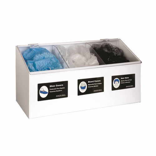 Hair Net/Beard Cover/Shoe Cover - 3 Compartment Dispenser, WHITE HEAVY-DUTY PLASTIC with clear lid