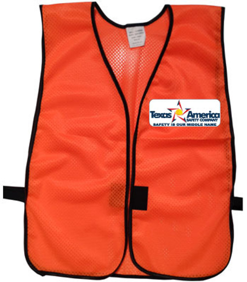 Imprinted Orange safety vests with multi color imprint front