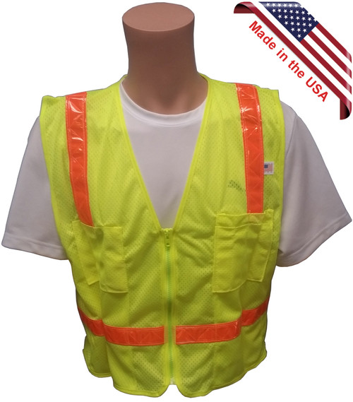 Lime MESH Surveyors Safety Vest with Orange Stripes and Pockets Front