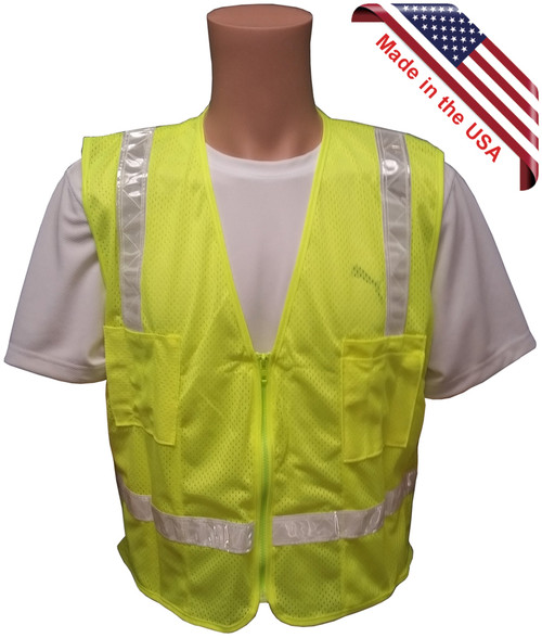 Lime MESH Surveyors Safety Vest with Silver Stripes and Pockets front