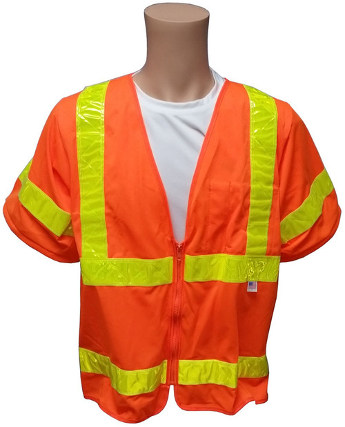 ANSI 2004 SLEEVED Class 3 Double Stripe Orange Safety Vests - Lime Stripes 