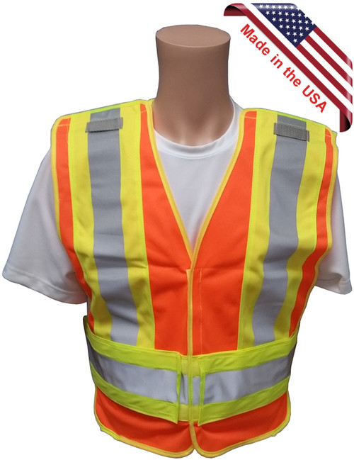 ANSI 207-2006 Public Service Safety Vests ~ Orange with Lime/Silver Stripes ~ 5 point Velcro Tear-Away Main pic