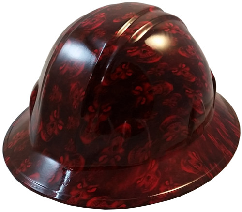 Hades Small Skull Red Hydro Dipped Hard Hats Full Brim Design ~ Oblique View