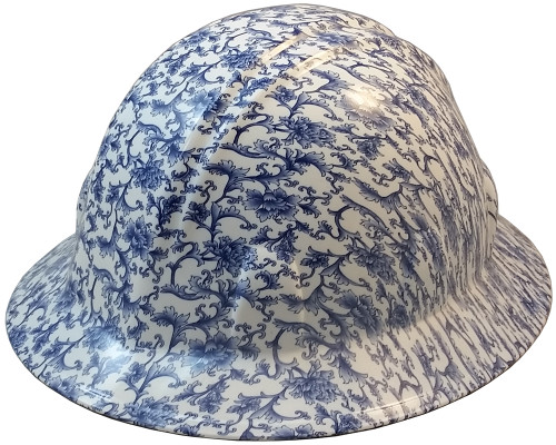 Blue Floral Hydro Dipped Hard Hats Full Brim Style ~ Oblique View