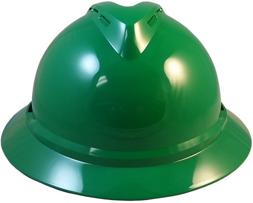 MSA Advance Full Brim Vented Hard hat with 4 point Ratchet Suspension Green - Front View