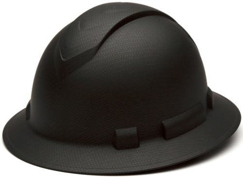 Pyramex 6 Point Full Brim Black Ridgeline Style Hard Hat with RATCHET Suspension Graphite pattern Oblique View