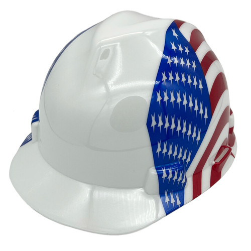 MSA V-Gard with Dual American Flag on Both Sides Hard Hats - Oblique Left