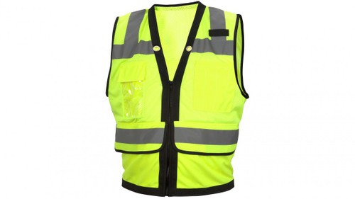 Pyramex Class 2 Hi-Vis Lime Safety Vests with Black Trim and 8 Pockets ~ Front View