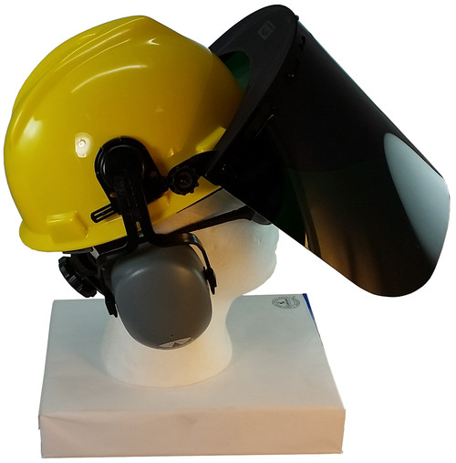 MSA V-Gard Cap Style hard hat with Dark Green Faceshield, Hard Hat Attachment, and Earmuff - Yellow - Up Position
