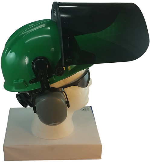 MSA V-Gard Cap Style hard hat with Dark Green Faceshield, Hard Hat Attachment, and Earmuff - Green - Up Position