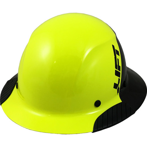 Actual Carbon Fiber Hard Hat - Full Brim Glossy Black and High Vision Lime - Oblique View