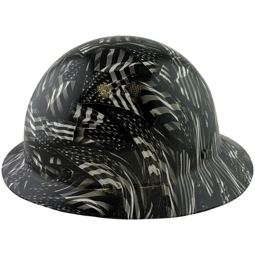 Skullgard Full Brim Fiberglass Hard Hat with Ratchet Suspension and Covert Flag Hydro Dip Design.