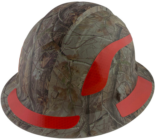 Pyramex Ridgeline Full Brim Style Hard Hat with Camouflage Pattern with Red Decals - Oblique View