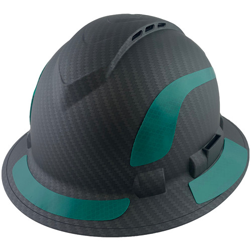 Pyramex Ridgeline Full Brim Style Hard Hat with Vented Matte Black Graphite Pattern with Green Decals - Oblique View