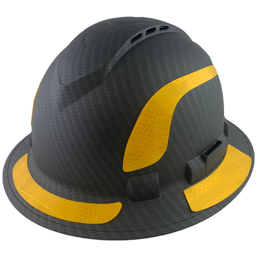 Pyramex Ridgeline Full Brim Style Hard Hat with Vented Matte Black Graphite Pattern with Yellow Decals - Oblique View