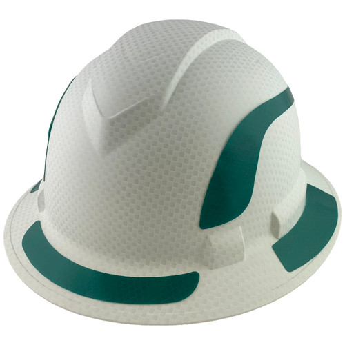 Pyramex Ridgeline Full Brim Style Hard Hat with Matte White Graphite Pattern with Green Decals - Oblique View