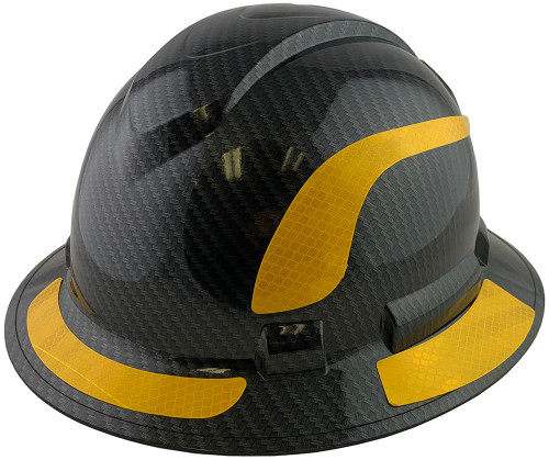 Pyramex Ridgeline Full Brim Style Hard Hat with Shiny Black Graphite Pattern with Yellow Decals - Oblique View