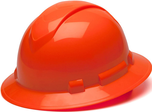 Pyramex Full Brim RIDGELINE Hard Hat Hi Viz Orange 4 Point Suspensions Oblique view