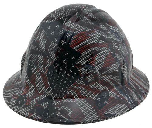 Carbon Fiber American Flag Design Hydro Dipped Hard Hats Full Brim Style ~ Oblique View